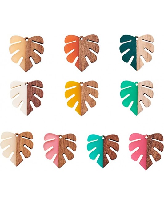 126ZY001-05-100p-Mixed Color Monstera Leaf Vintage Resin Wood Statement for DIY Making