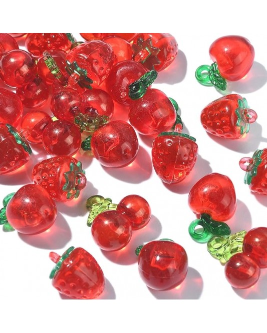 268Vi01-10A 30 pieces 3 styles Clear acrylic plastic 3D Fruit pendant Red Strawberry Cherry pendant for DIY jewelry making and handcrafting